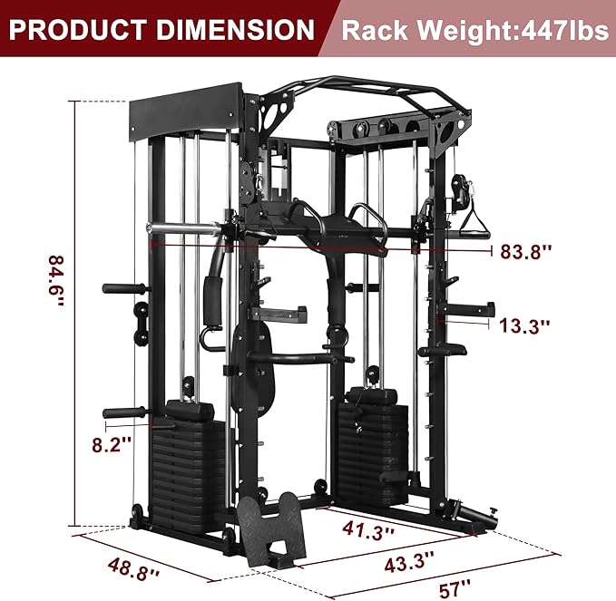 Smith Machine with Chest Fly & Leg Press, All-in-One Home Gym Power Cage with Weight Stack, Bench and Full Accessory Kit for Total Body Strength Training for Beginners