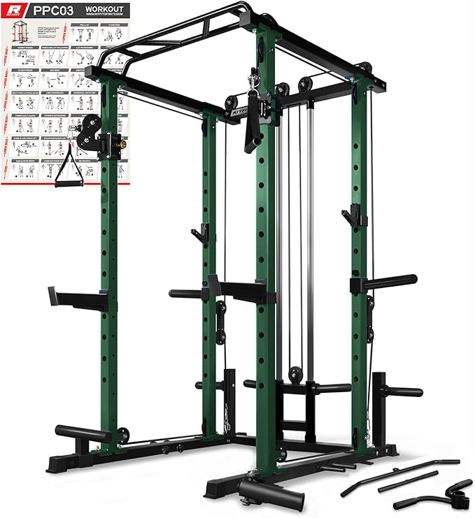 RitFit Multi-Function Squat Rack Power Cage PPC03 with Cable Crossover System, 1000LBS Capacity Power Rack and Packages with Optional Weight Bench, Barbell Weight Set, for Garage Workout & Home Gym