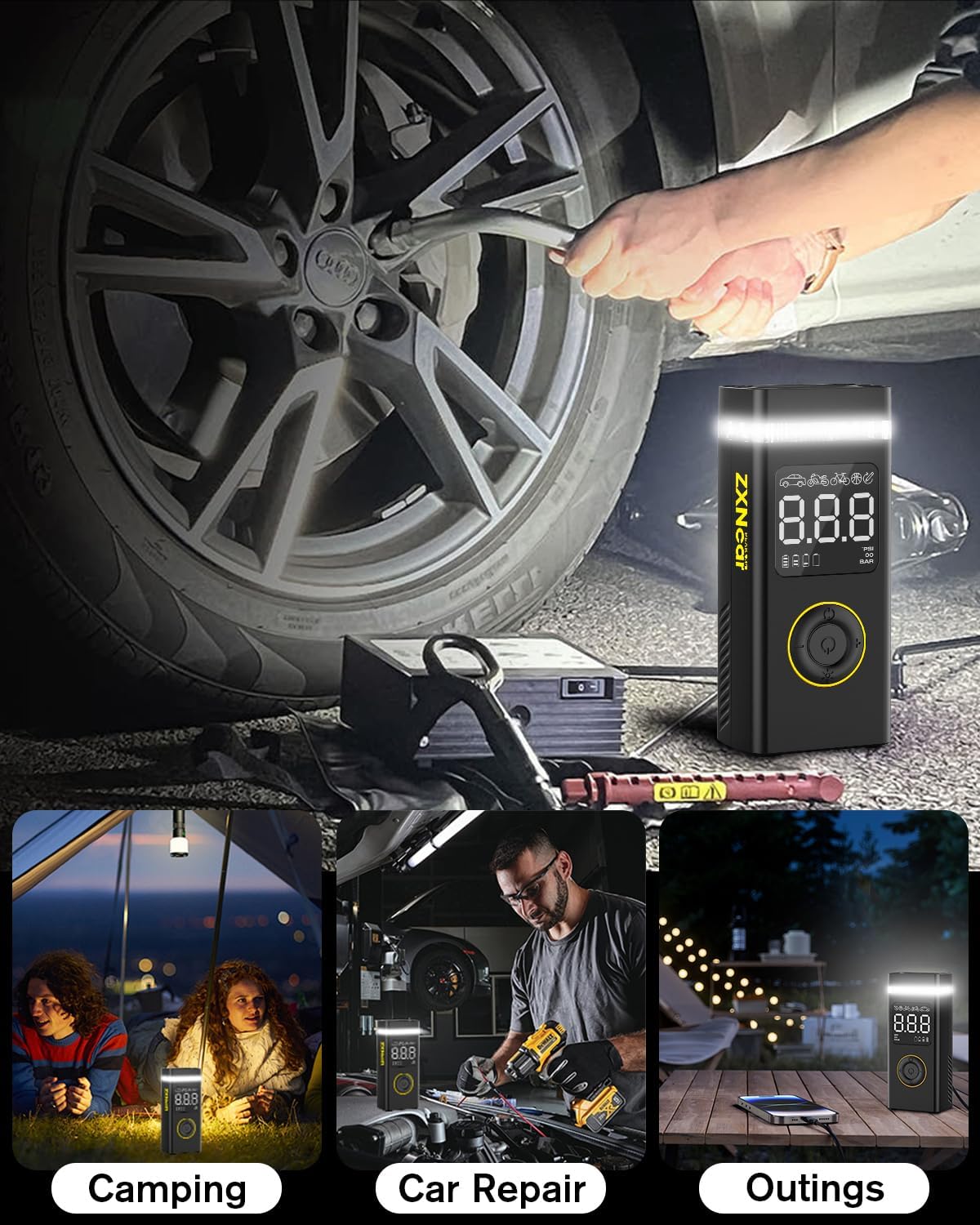 Tire Inflator Portable Air Compressor,200PSI 20000mAh Pump for Car Cordless with Pressure Gauge,5X Fast Inflation with Dual Lights for Cars Bicycles Motorcycles Balls