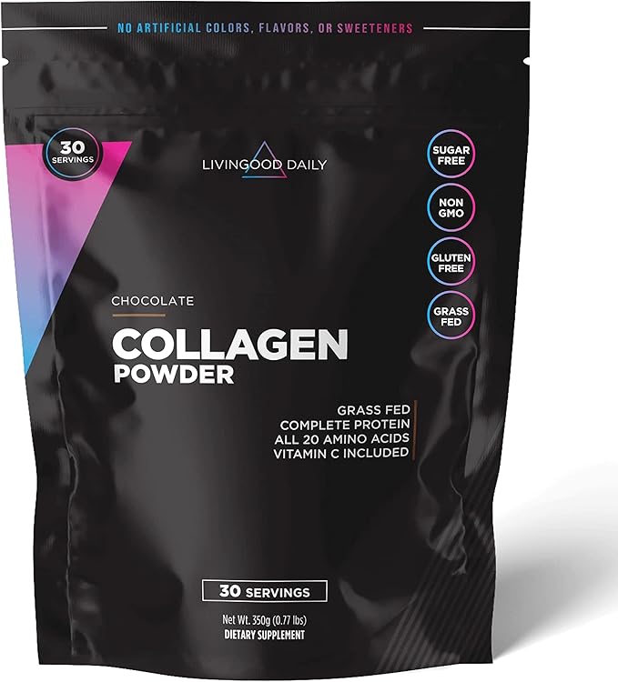 Livingood Daily Chocolate Collagen Powder for Women & Men, Hydrolyzed Collagen Peptides Powder with Vitamin C, Protein with 20 Amino Acids, Type I & III, Grass Fed, Keto, Paleo, Gluten Free, 30 Srvgs