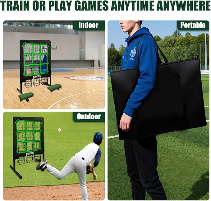 9 Hole Pitching Net, Heavy-Duty Baseball Net with Strike Zone for Pitching and Hitting, Height Adjustable Training Equipment with 9 Pocket Pitching Target for Baseball & Softball Practice