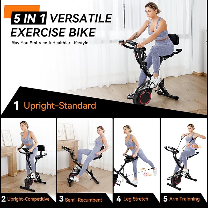 Foldable Exercise Bike Stationary Bikes for Home, 5 IN 1 Indoor Workout Bike, Cycling Bike with 16-Level Quiet Magnetic Resistance, 6.6 LBS Flywheel and 300LBS Capacity, 2025 Designed 817 X-bike
