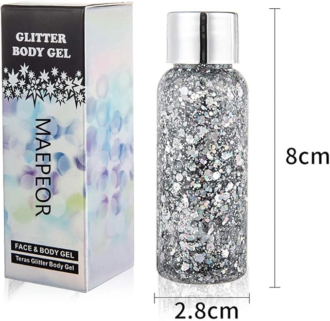 MAEPEOR Chunky Face Body Glitter Gel 19 Colors Mermaid Sequins Holographic Body Glitter Gel Long-Lasting Festival Makeup Glitter Paint for Face Body Hair Nails (30g, 01 Silver)