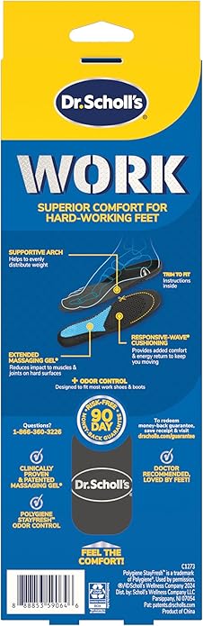 Dr. Scholl's Work All-Day Superior Comfort Insoles with Massaging Gel - Designed for Men & Women with Hard-Working Feet, Eliminates Sore Muscles and Tired Legs, Arch Support Inserts with Odor Control