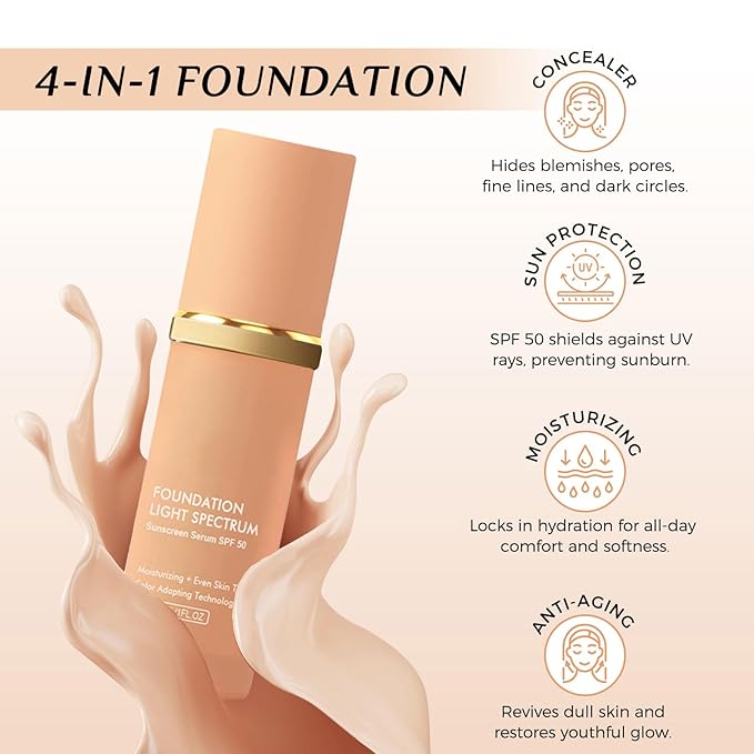 Bio Foundation 4 in 1 Light Spectrum, Color Changing Full Coverage Concealer Foundation, SPF50+ Long-Wearing & Waterproof for Sport, Dancing, Outside-30ML