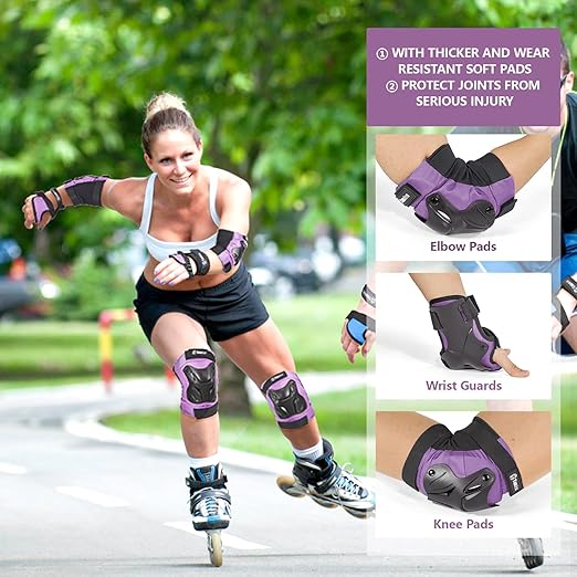 Skating Protective Gear Adult Youth Knee Pads and Elbow Pads Set, Skateboard Wrist Guards for Roller Skating Skateboarding Cycling Purple