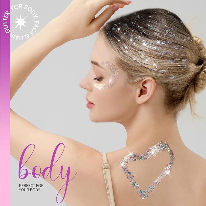 Teenitor Face Glitter, 2pcs Body Glitter Gel, Hair Glitter Gel, 20g/0.7oz Versatile Glitter Set for Face, Body, Hair, 2 Sizes White Glitter Gel for Makeup