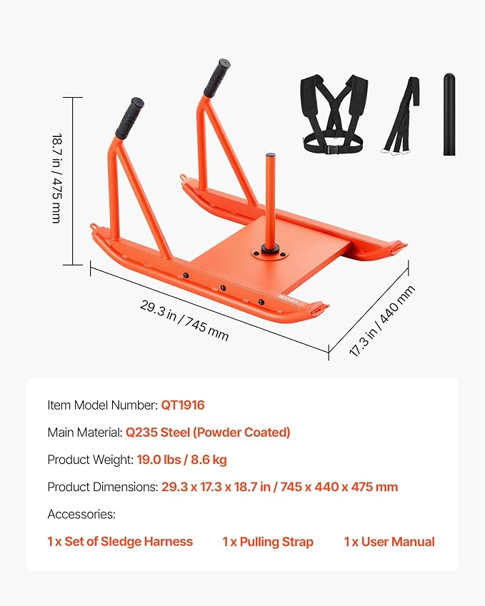 VEVOR Weight Sled, Steel Power Sled, Fitness Strength Training Sleds for Athletic Exercise Speed Improvement, Workout Fitness Equipment with Handle, Compatible with 1/2 in Weight Plates, Orange