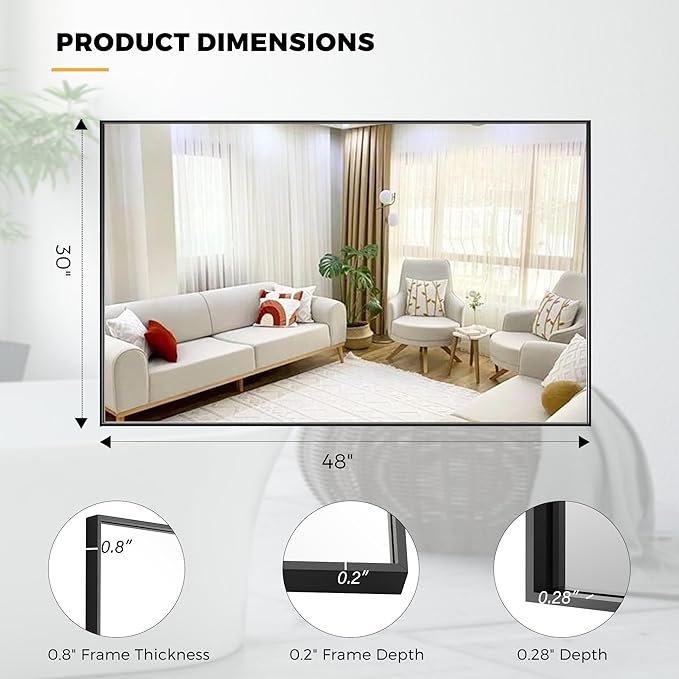 30x48 Inch Black Bathroom Mirror for Wall, Aluminum Frame Rectangle Rectangular Vanity Mirror, Modern Large for Bedroom, Living Room, Horizontal or Vertical