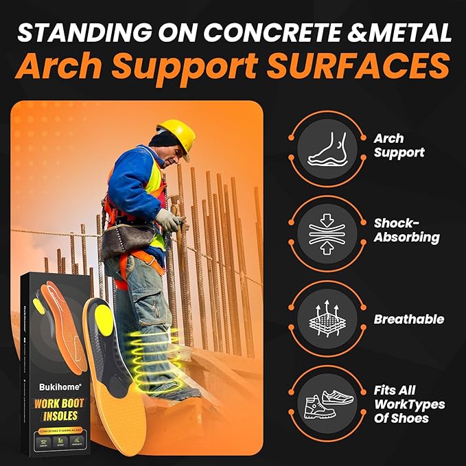 Bukihome Work Boot Insoles for Construction & Standing All Day - Heavy Duty Orthotic Shoe Inserts with Shock Absorption, Arch Support & Fatigue Reduction Durable Support Fits Work Boots -XL