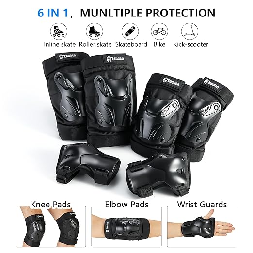 Skating Protective Gear Adult Knee and Elbow Pads Wrist Guards for Roller Skating Skateboarding, Skate Pads Adult Knee Pads for Men Women Black