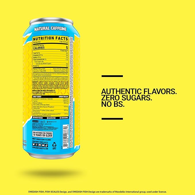 GHOST Energy Drink - 12-Pack, Swedish Fish, 16oz Cans - Energy & Focus & No Artificial Colors - 200mg of Natural Caffeine, L-Carnitine & Taurine - Gluten-Free & Vegan
