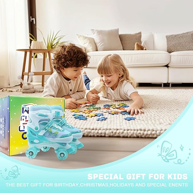 Kids Roller Skates for Girls-Outdoor 4 Size Adjustable Butterfly Quad Rollerskates for Indoor Ages 3-12 Years Beginners Children's Birthday Gift with Light Up Wheels patines para niƱas Indoor