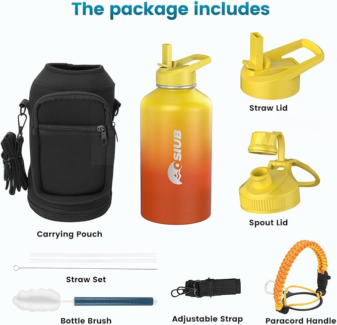 Insulated Water Bottle 87 oz, Triple Wall Vacuum Stainless Steel(Cold for 48 Hrs),Leak Proof & BPA-Free,One Gallon Water Bottle with Reflective Paracord & Flip Straw for Sports & Travel, Sunset