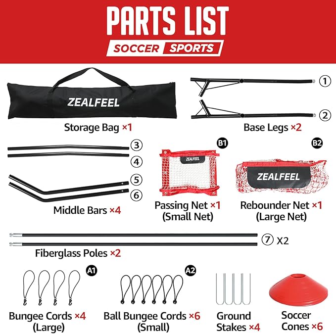 Soccer Rebounder, 2-in-1 Soccer Rebound Net, 6'x4.7' Large Net & 6'x16" Small Net, Soccer Bounce Back Net Practice for Team Volley Passing Solo Training, Football Trainer with Carry Bag Cones