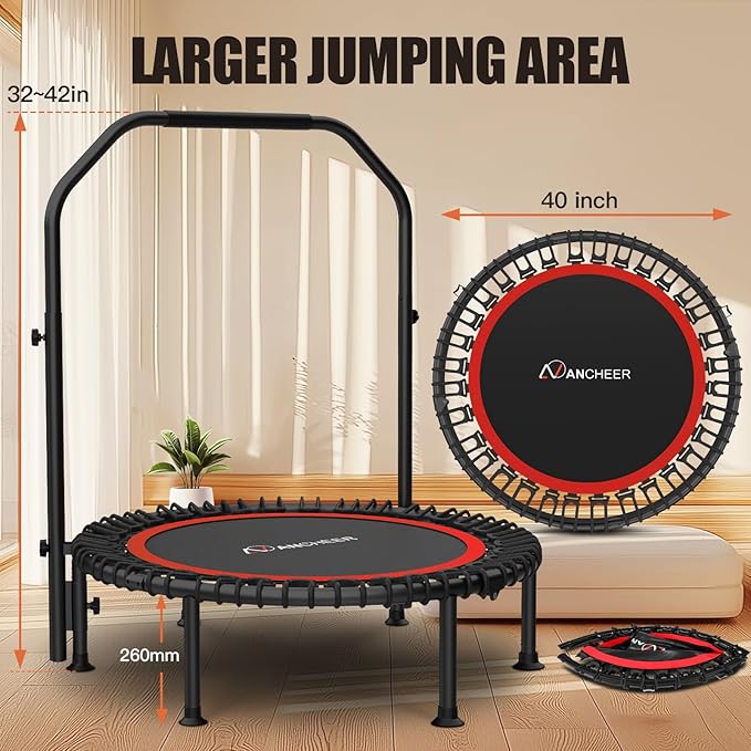 ANCHEER 40/48" Mini Trampoline with Upgraded Bungee Cords, 550LBS Capacity, Adjustable Foam Bar & Resistance Ropes, Indoor/Outdoor Rebounder for Adults