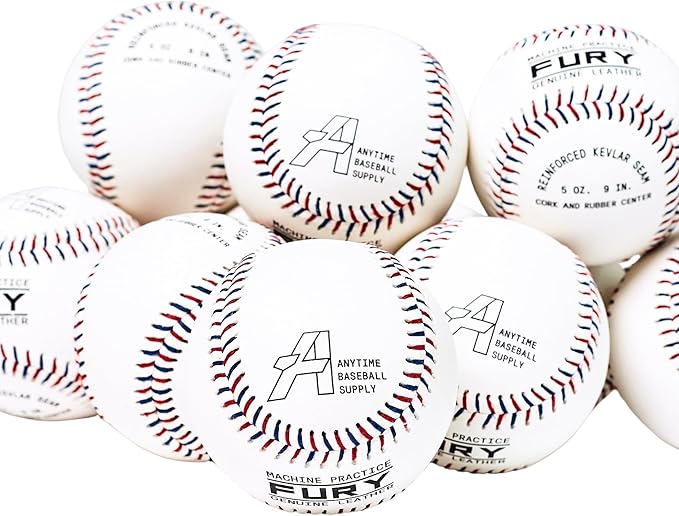 Anytime Baseball Fury Leather Pitching Machine Baseballs - 1 Dozen Flat Seam Pitching Machine Balls