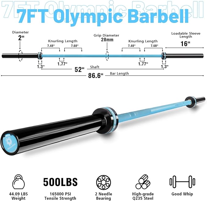 Olympic Barbell 45lb (20kg) - 7ft Bearing Spin Bar for Weightlifting and Strength Training,Ceramic Coating,500 LBS Capacity,28mm High Whip,Fits 2" Plates,for Home Gym