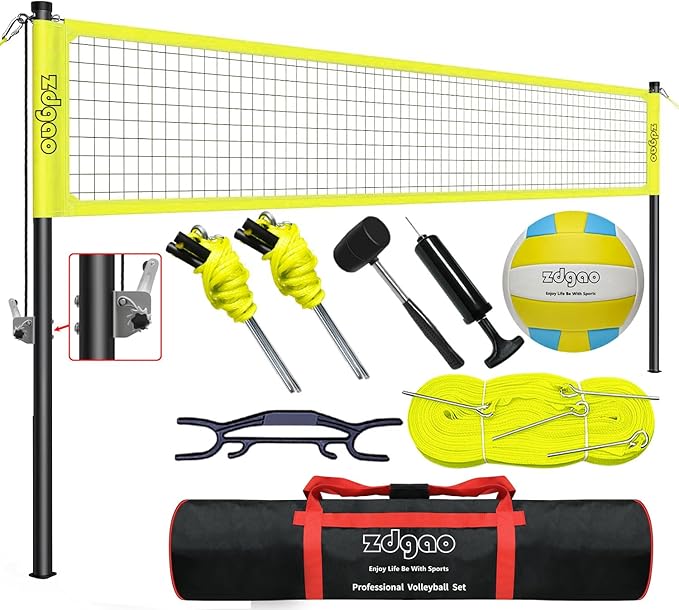 Volleyball Net Outdoor - Portable Volleyball Set for Backyard with Professional Volleyball Net, Wrap Yarn Volleyball and Pump, Boundary Line, Carry Bag