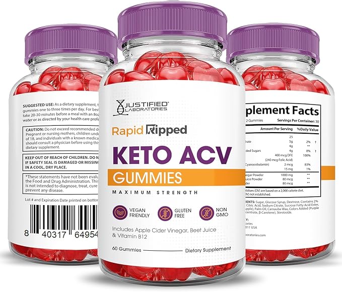 Justified Laboratories (3 Pack Rapid Ripped Keto ACV Vegan Non GMO 180 Gummies