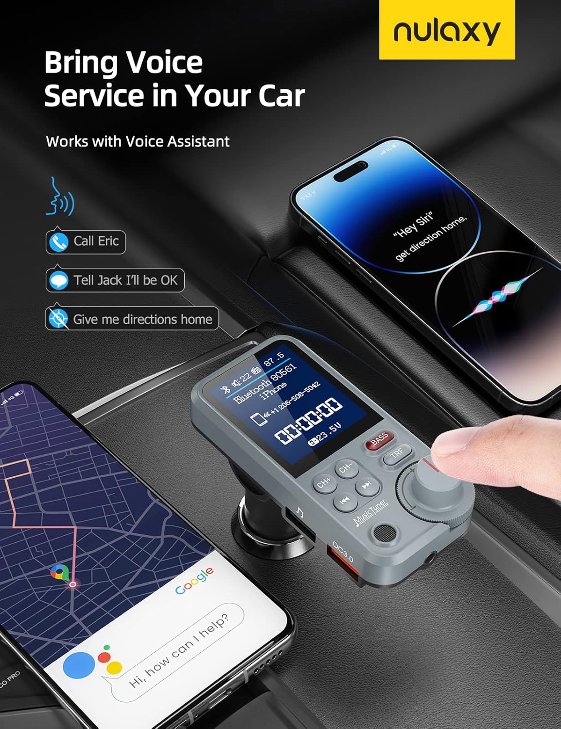 Nulaxy FM Bluetooth Transmitter for car, Strong Microphone Bluetooth Car Adapter with 1.8" Color Screen for Hands-Free Calls, Supports QC3.0 Charging, Treble and Bass Sound Music Player- KM30 Grey