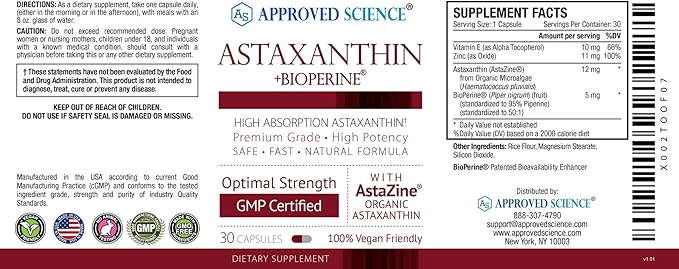 Approved Science® Astaxanthin 12 mg - Extra Strength Antioxidant - Supports Heart, Eyes, Skin - 30 Vegan Capsules - 1 Month Supply