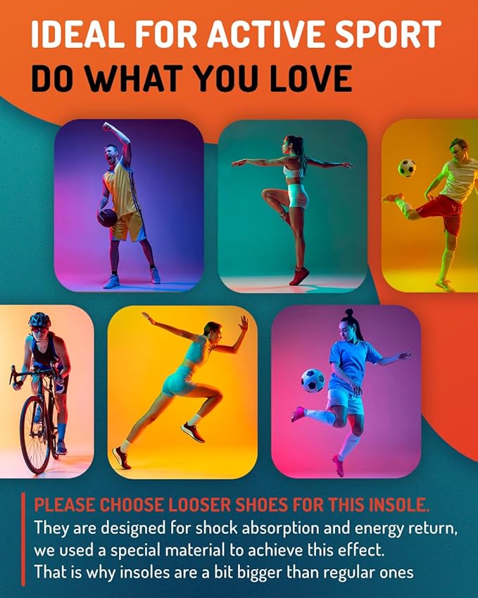 Sport Shock Absorbing Insoles - Athletic Shoe Cushioning Inserts for Men and Women - Ideal for Active Sports Running Training Hiking - Neutral Arch Good for Sneakers Shoes, L