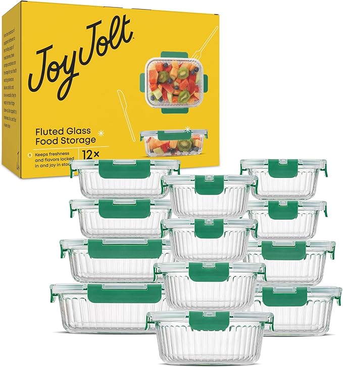 JoyJolt 24pc Borosilicate Glass Storage Containers with Lids | 12 Airtight/Freezer Safe Food Storage Containers for Pantry and Kitchen | Meal Prep Container for Lunch | Glass Tupperware Set