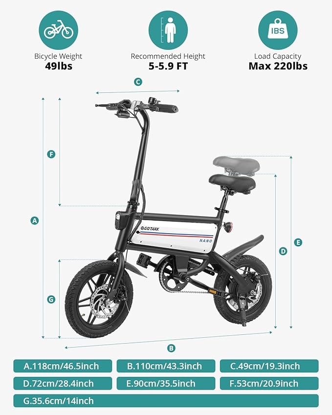 Gotrax Nano 14" Electric Bike, Max Range 25Miles(Pedal-Assist)&Max Speed 15.5Mph, 350W Folding E-Bike with Removable Battery, Adjustable Seat & Dual Mudguards, Commuter Electric Bicycle for Ages 13+