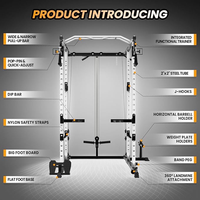 GaveeLife Power Cage, 2000 LBS Power Rack with Cable Cross-Over System, Multi-Functional Strength Training Squat Rack with LAT Pull Down System, Home Gym Equipment with Training Attachment, Red