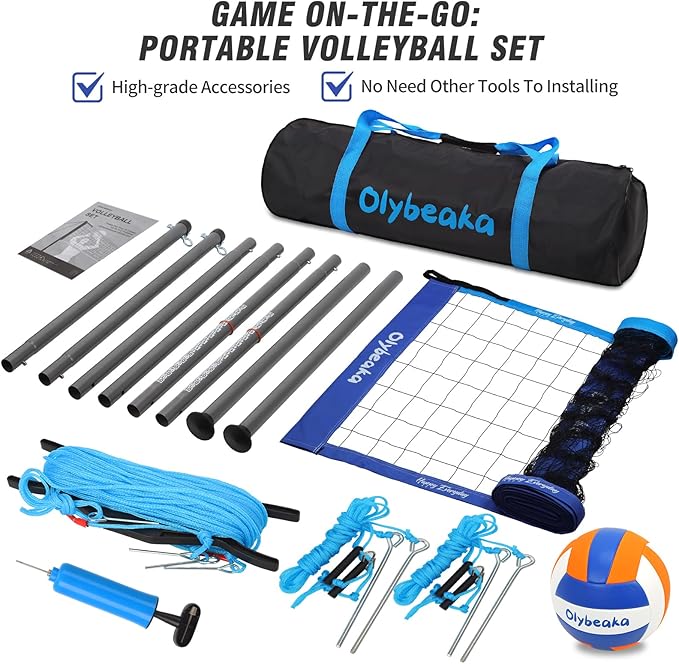 Portable Outdoor Volleyball Net Set System for Backyard Beach with Heavy Duty Poles, Durable Net, PU Volleyball & Pump, Carry Bag