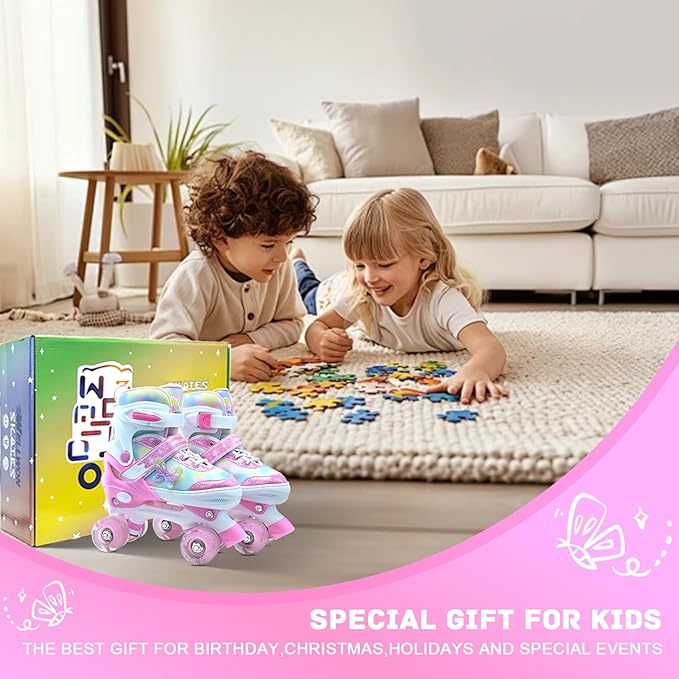 Kids Roller Skates for Girls-Outdoor 4 Size Adjustable Butterfly Quad Rollerskates for Indoor Ages 3-12 Years Beginners Children's Birthday Gift with Light Up Wheels patines para niƱas Indoor