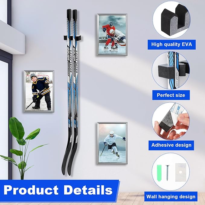 Yousoontic Hockey Stick Holder Wall Mount, 1-6 Stick Capacity, Ice and Field Hockey Organizer (Decor & Storage 2-in-1) for Home Garage Room Office Sports Decoration