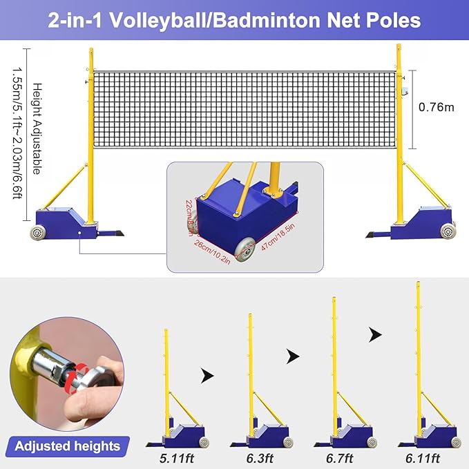 Volleyball Poles, Outdoor Volleyball and Badminton Net Set, with Height Adjustable Poles, Portable Heavy Duty Volleyballs Badminton Net for Backyard Suitable Men, Women