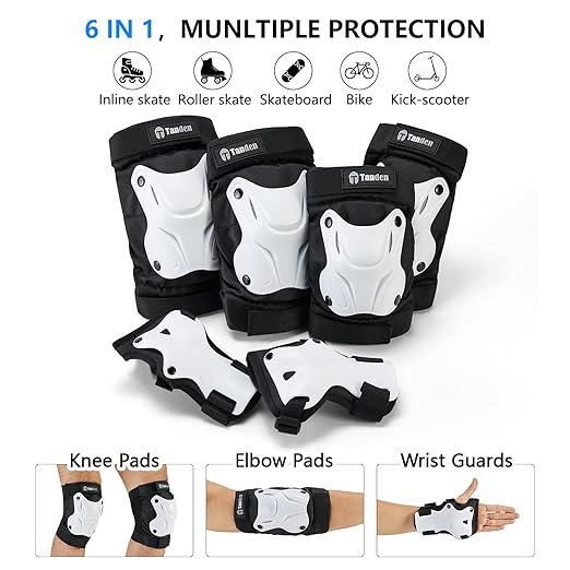 Skating Protective Gear Adult Knee and Elbow Pads Wrist Guards for Roller Skating Skateboarding, Skate Pads Adult Knee Pads for Men Women White