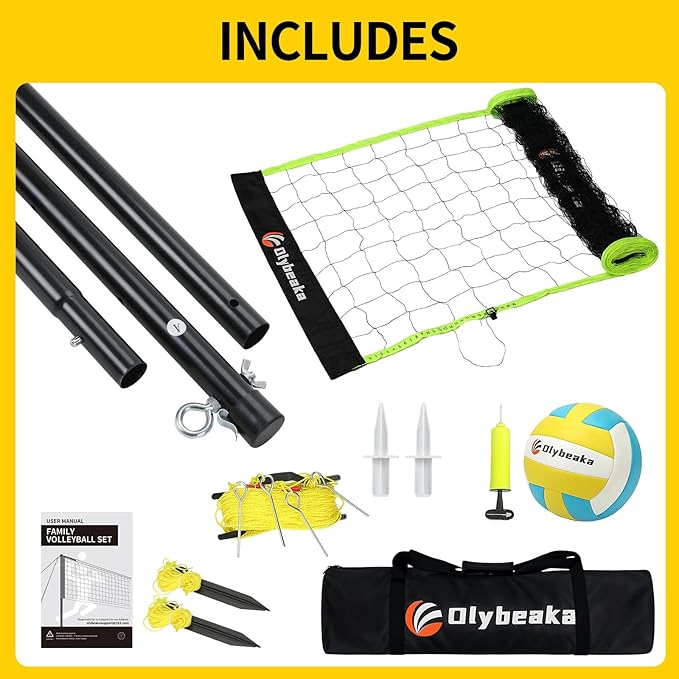 Portable Outdoor Volleyball Net Set for Backyard Beach with Adjustable Poles, Soft PU Volleyball & Pump, Carry Bag and Durable Anti-Sagging Net