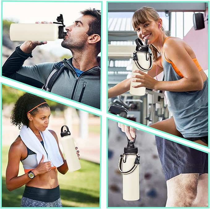 40oz Insulated Water Bottle - w/Straw Spout Lid, Bottle Holder with Strap, Paracord Handle, Protective Bottom Boot, Stainless Steel Metal Thermo Jug Flask Cold 48h & Hot 24h, Cream White