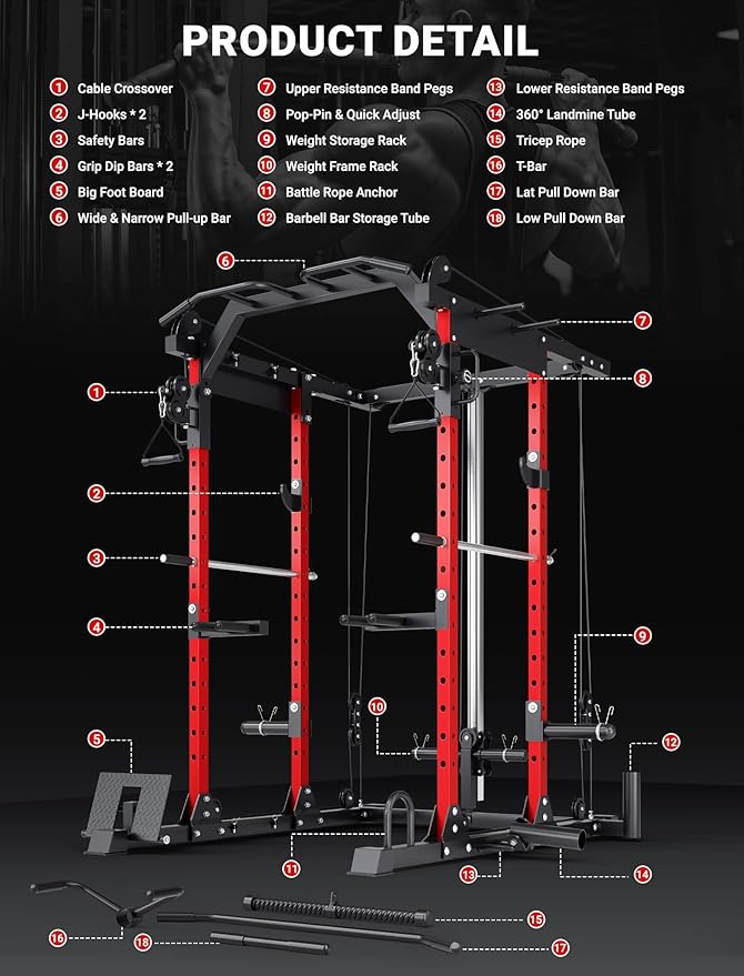 YOLEO Smooth Dual Pulley System Power Cage, 1600LBS Adjustable Cable Crossover Power Rack, Multi-Functional Squat Rack for Home Gym with More Training Attachment