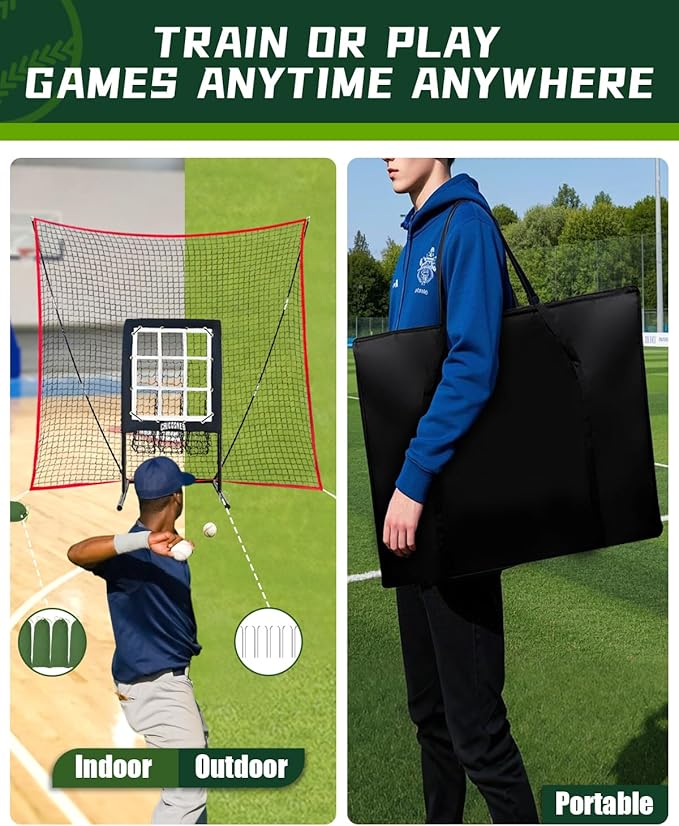 9 Hole Pitching Net, Heavy-Duty Baseball Net with Strike Zone for Pitching and Hitting, Height Adjustable Training Equipment with 9 Pocket Pitching Target for Baseball & Softball Practice