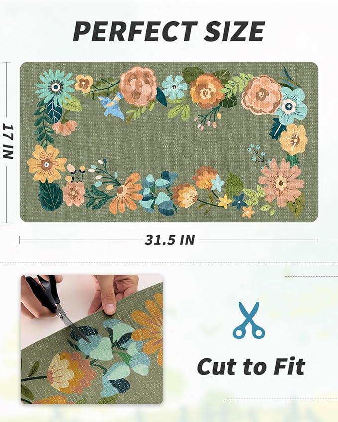 AMOAMI Coffee Mat Hide Stain Rubber Backed Absorbent Dish Drying Mat for Kitchen Counter - Fits Under Coffee Maker or Machine - Floral GREEN 17x31.5