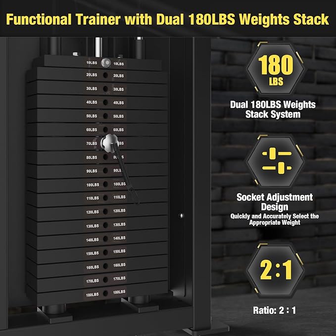 Cable Crossover Exercise Machine for Home & Commercial Gym, Functional Trainer Cable Machine, Functional Training Center All in One Home Gym Cable Machine, 180lbs Dual Weights Stack for Cable Workout