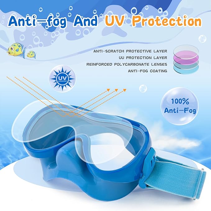 Kids Swim Goggles 180° Snorkel Diving Mask with Nose Cover, Anti-Fog Kids Swimming Goggles with Elastic Fabric Strap for Kids Boys Girls
