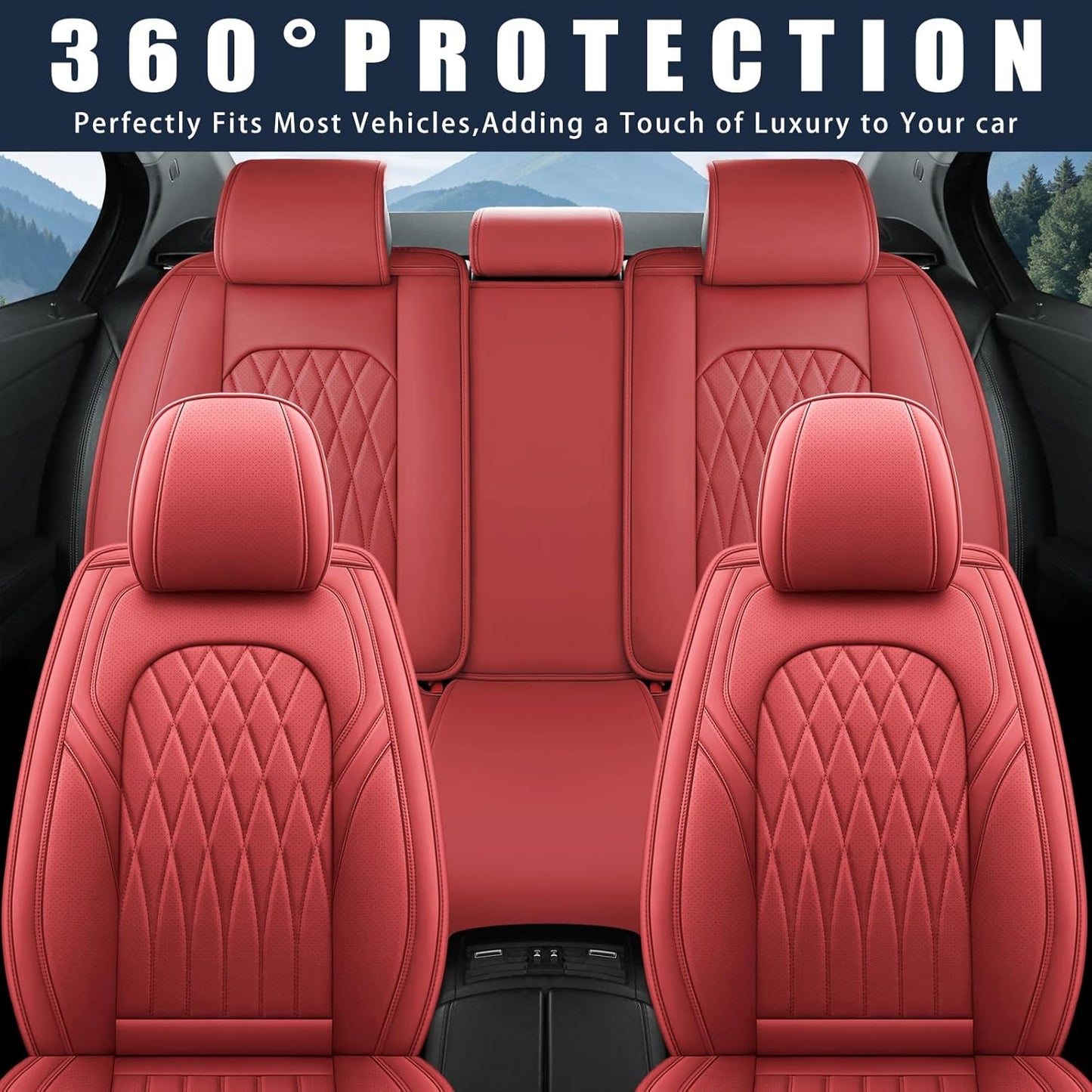 WELLDO Car Seat Covers Full Set, Leather Seat Covers for Cars, Car Seat Protector Waterproof, Non-Slip Car Interior Covers Full Set Universal Automotive Seat Covers for Most Sedans SUVs, Burgundy