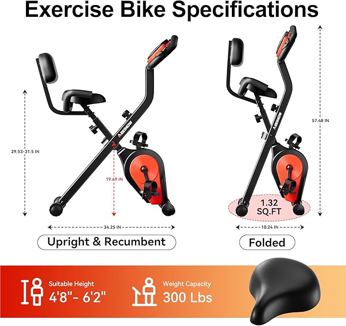 Foldable Exercise Bike, Low Noise Stationary Bikes for Home, Compact Indoor Cycling Bike with Adjustable Magnetic Resistance, 300lbs Capacity 6.6lbs Flywheel Workout Bike