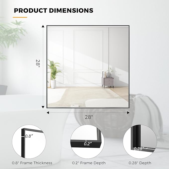28x28 Inch Black Bathroom Mirror for Wall, Aluminum Frame Rectangle Rectangular Vanity Mirror, Modern Large for Bedroom, Living Room, Horizontal or Vertical
