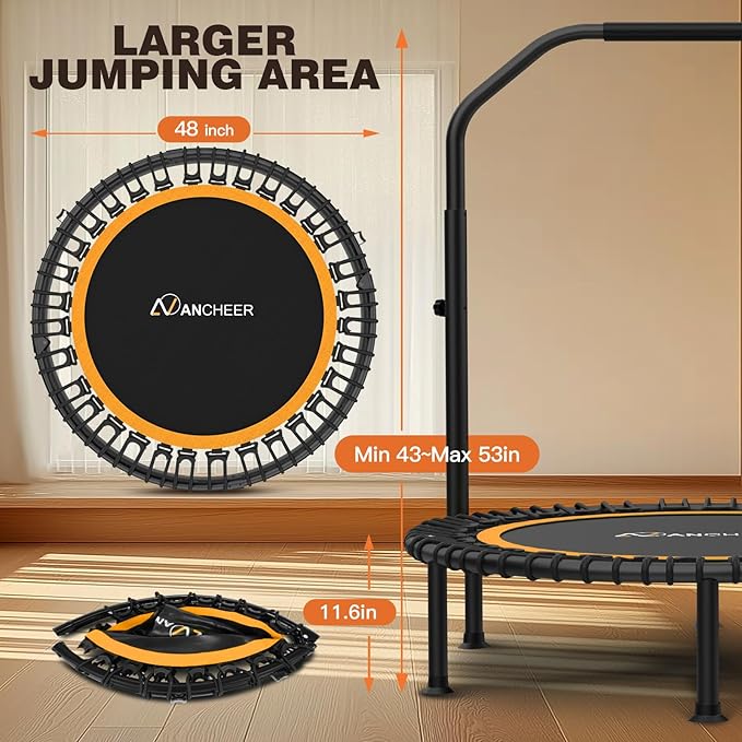 ANCHEER 40"/48" Foldable Rebounder Trampoline for Adults/Kids with Resistance Bands and Bungees, Indoor & Outdoor Mini Trampoline with Bar and Safety Padding - Max Load 450lbs/550lbs