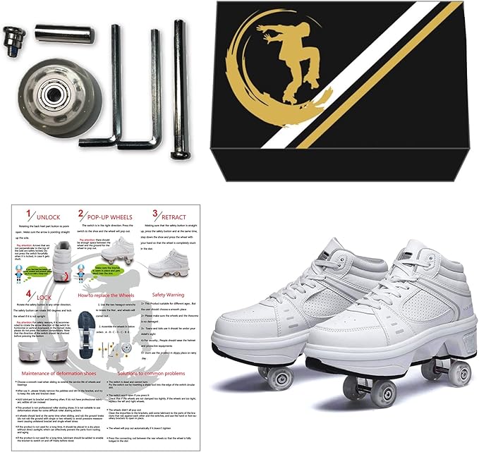 Roller Skate Shoes for Women Four Rounds Children's Roller Skates Shoes That Turn into Rollerskates Sneakers Outdoor Light Shoes with Wheels for Girls/Boys