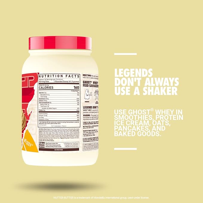 GHOST Whey Protein Powder, Nutter Butter - 2LB, 26G of Protein - Whey Protein Blend - Post Workout Fitness & Nutrition Shakes, Smoothies, Baking & Cooking - Cookie Pieces Inside