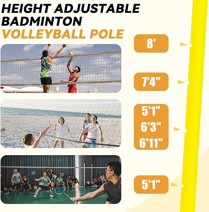 Volleyball Net Outdoor - Portable Badminton & Volleyball Post, Adjustable Heights Volleyball Poles Net Set for Backyard, Beach