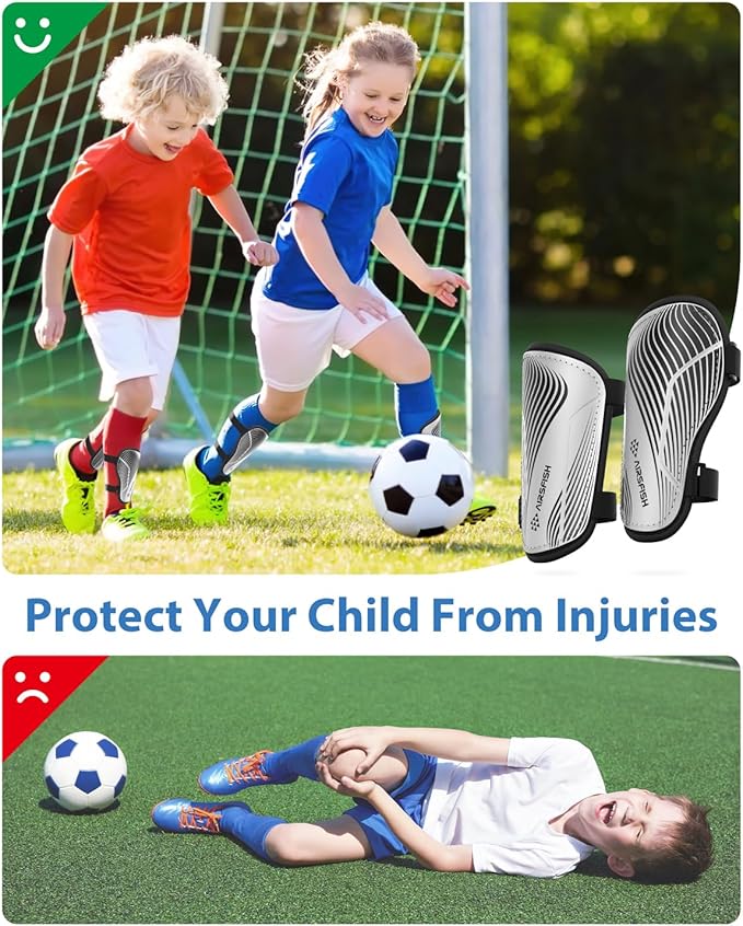 Shin Guards Soccer Kids Youth, CE Certified Airsfish Shin Guard Protection Gear for 2-18 Years Old Boys Girls Teenagers High Impact Resistant Breathable Comfortable 1 Pair 4 Sizes